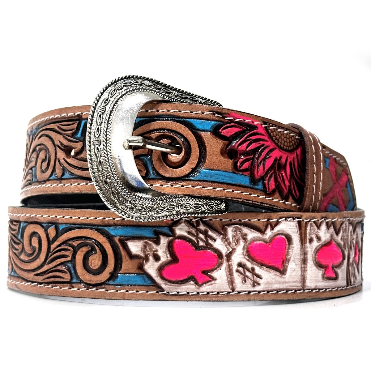 Cinto PH Rodeo Entalhado Natural/Azul/Rosa PH-777 | Cris & Cia