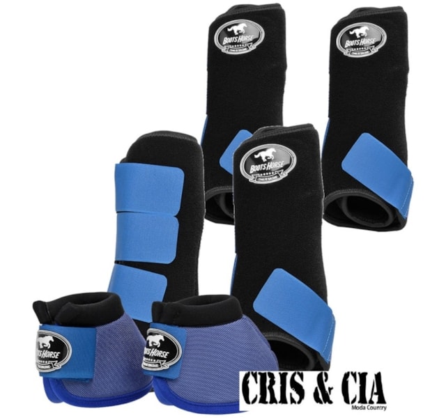 Conjunto Completo Ventrix Caneleira/Cloche/Skid Boots Preto/Azul Boots Horse BH-03