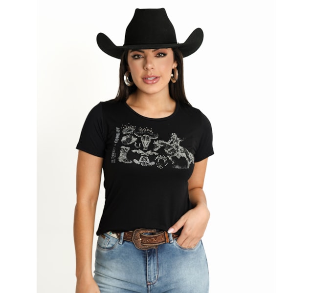 T-Shirt Bill Way Rodeo Cowboy Preto/Strass 803073